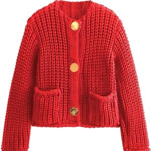Amazon Red Women's Cardigan Sweater with gold buttons